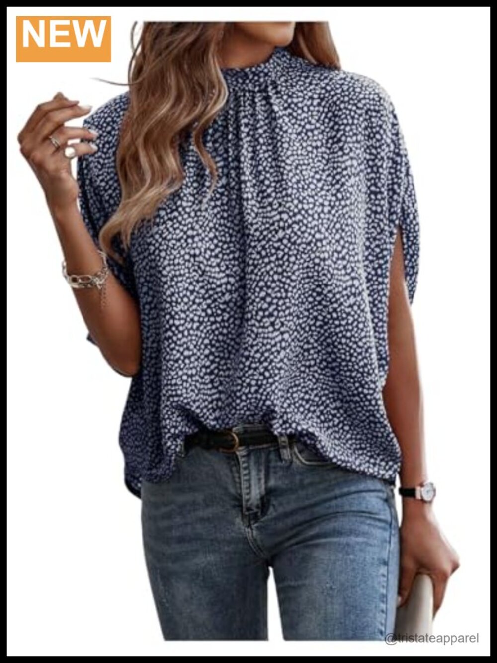 Women's Printed Mock Neck Dolman Blouse, Tie Back Half Sleeve Tunic, Polyester